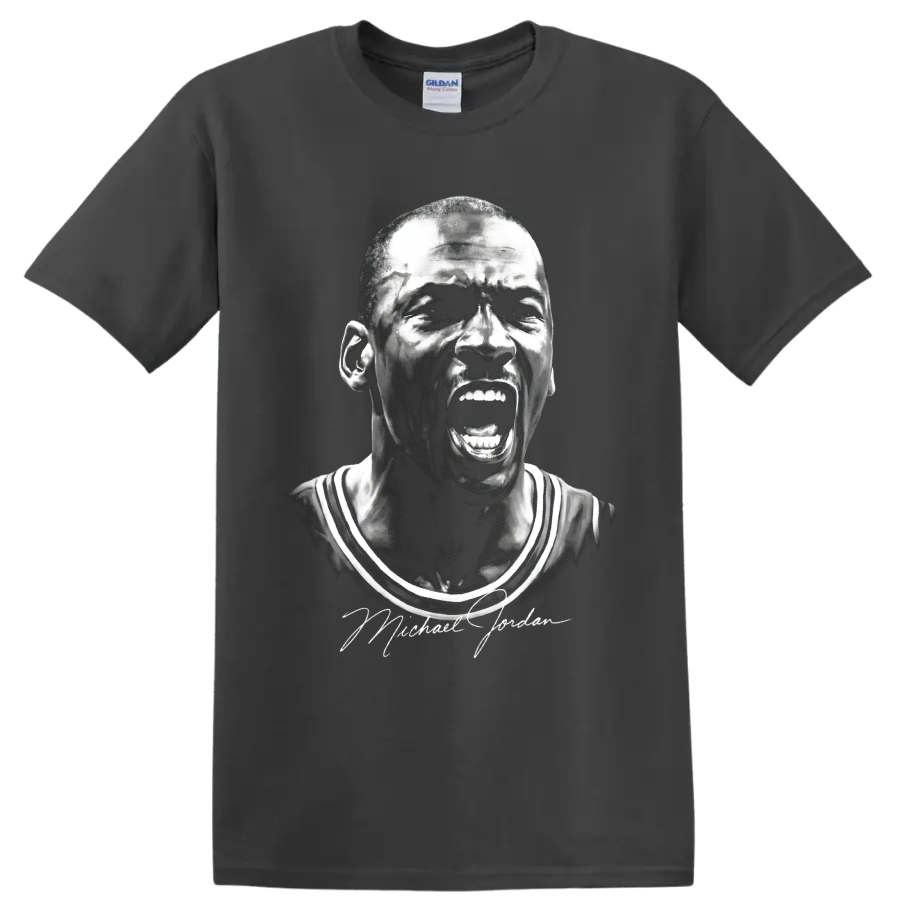 Michael Jordan Chicago Bulls #23 shouting portrait in dramatic black-and-white sketch on a Charcoal T Shirt