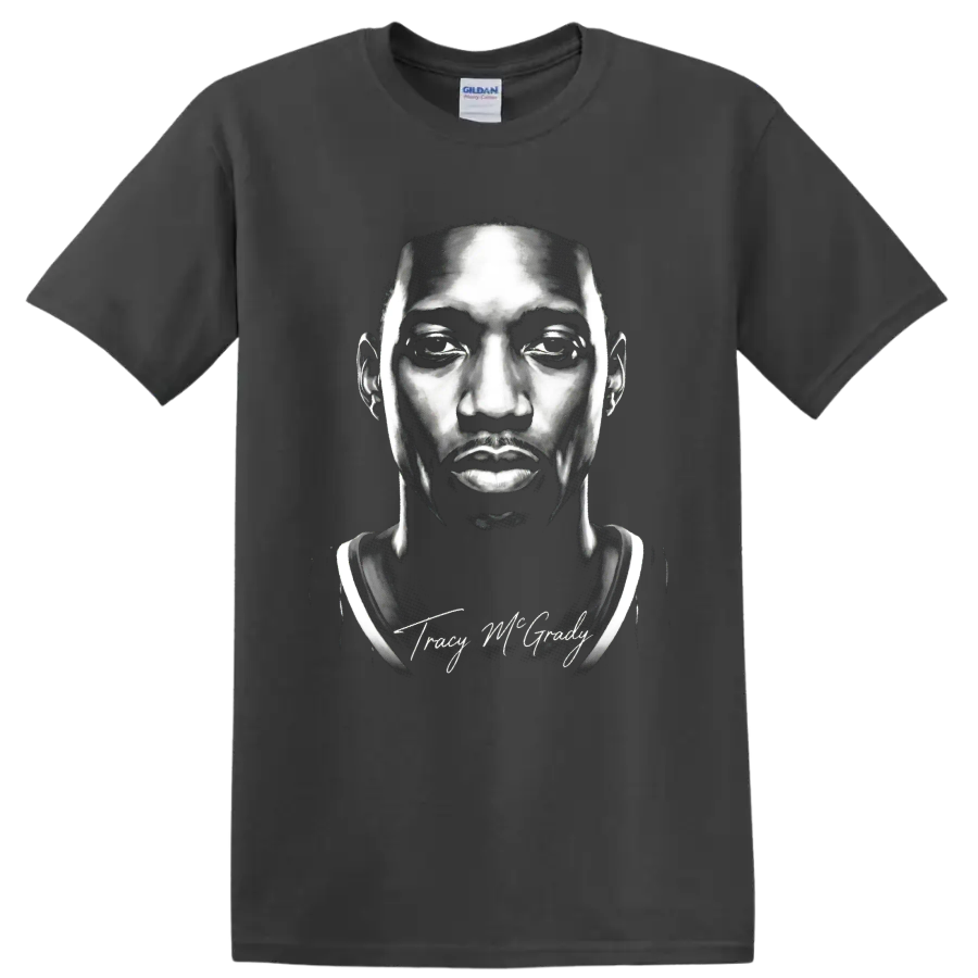 Tracy McGrady black-and-white basketball portrait with signature-style script on a Charcoal T Shirt