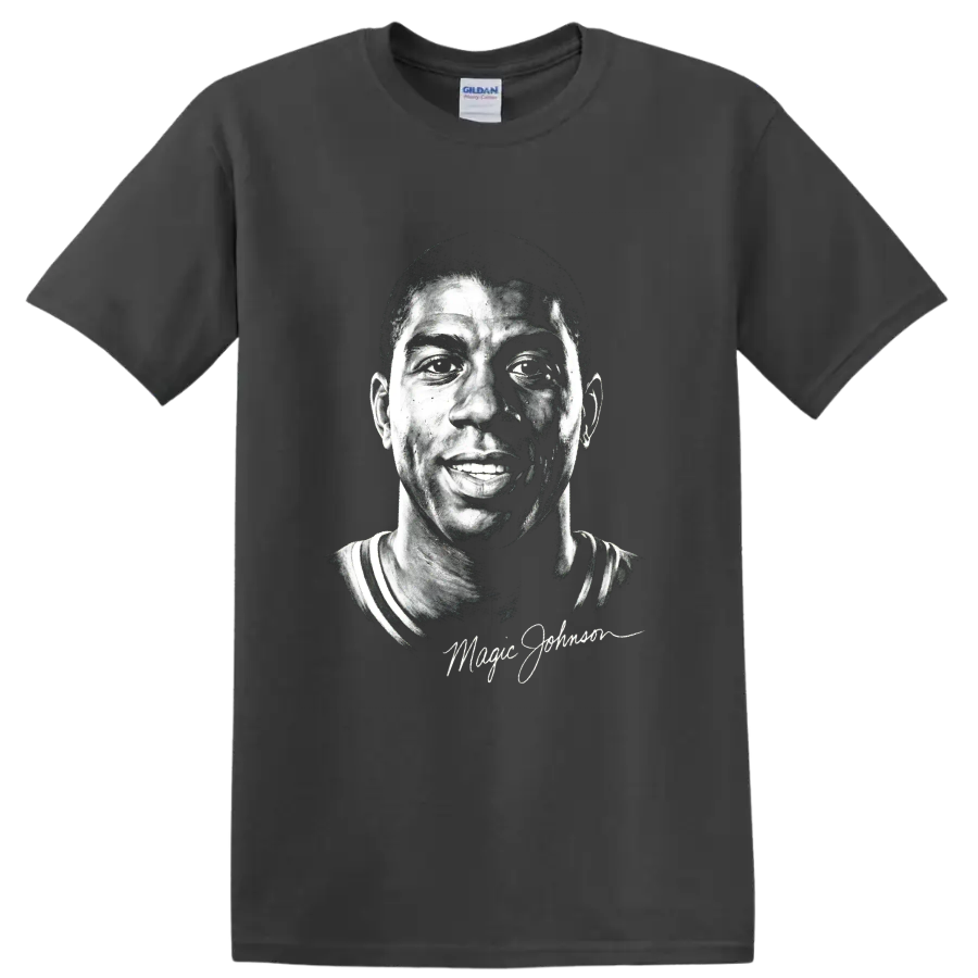 Magic Johnson black-and-white portrait with signature-style script on a Charcoal T Shirt