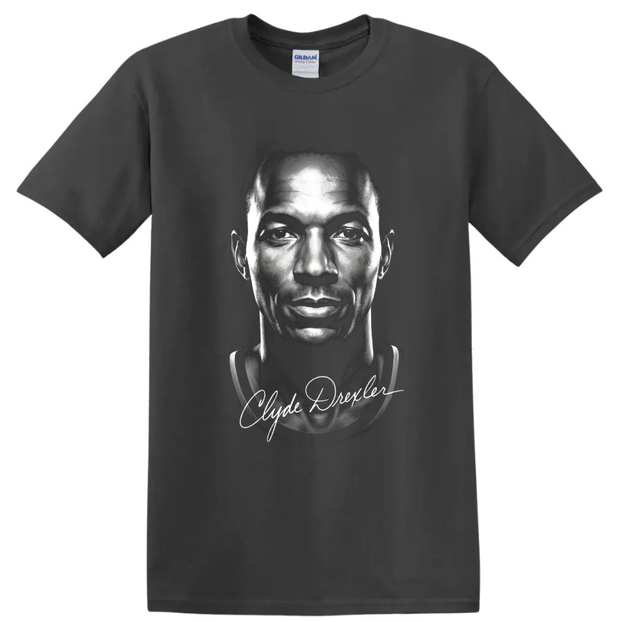 Monochrome Clyde Drexler basketball portrait with Clyde Drexler signature script on a Charcoal T Shirt