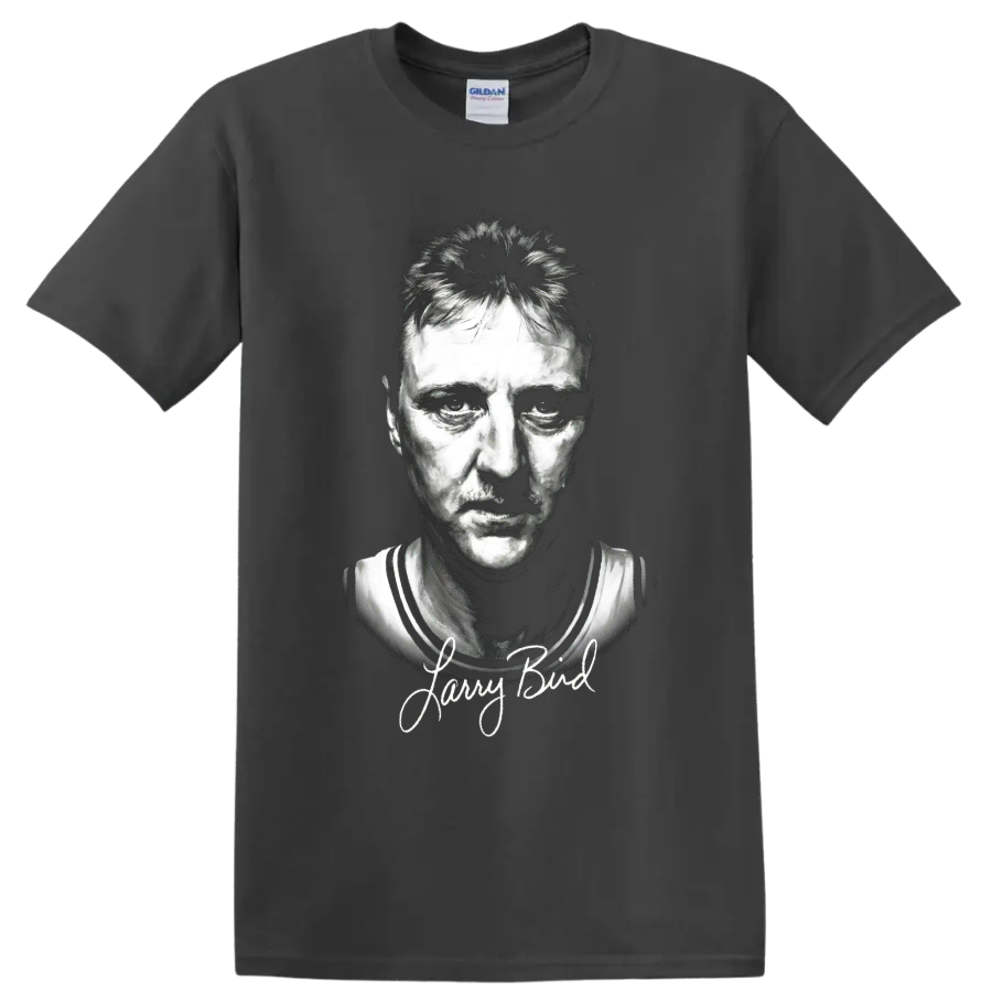 Larry Bird black-and-white basketball portrait with signature-style lettering on a Charcoal T Shirt