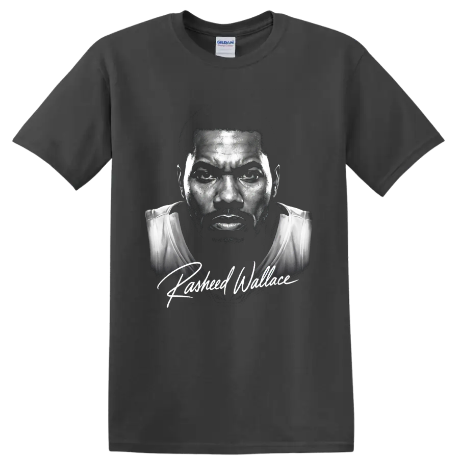 Rasheed Wallace black-and-white basketball portrait with signature-style lettering on a Charcoal T Shirt