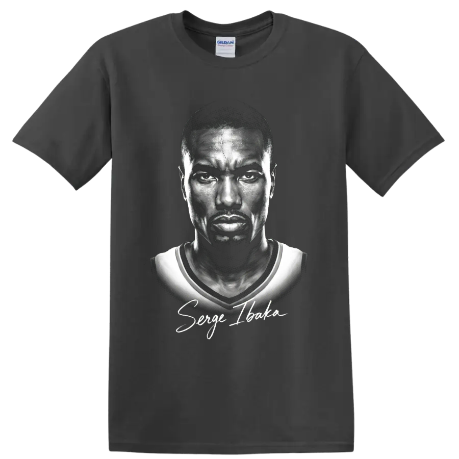 Monochrome Serge Ibaka Oklahoma City Thunder #9 portrait with signature script on a Charcoal T Shirt
