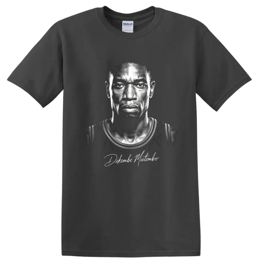 Dikembe Mutombo black-and-white illustrated basketball portrait with signature detail on a Charcoal T Shirt