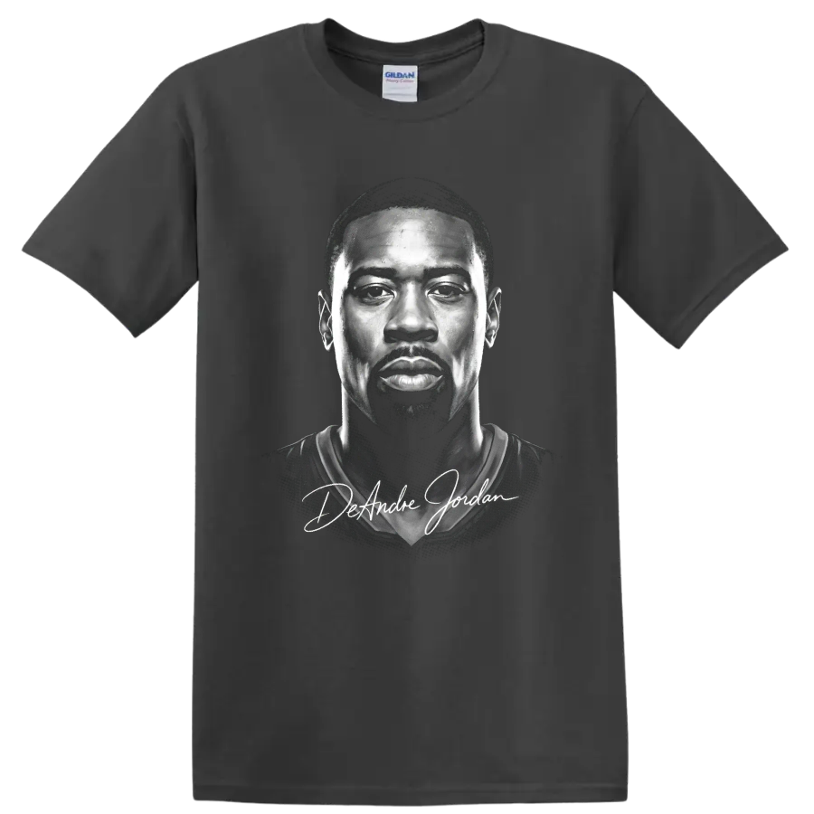 Monochrome DeAndre Jordan portrait with signature-style name lettering on a Charcoal T Shirt