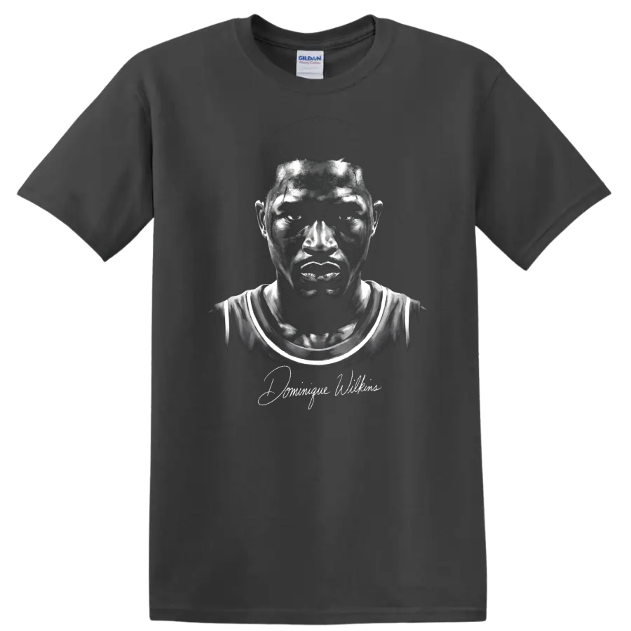 Monochrome Dominique Wilkins Atlanta Hawks #21 basketball portrait with signature on a Charcoal T Shirt