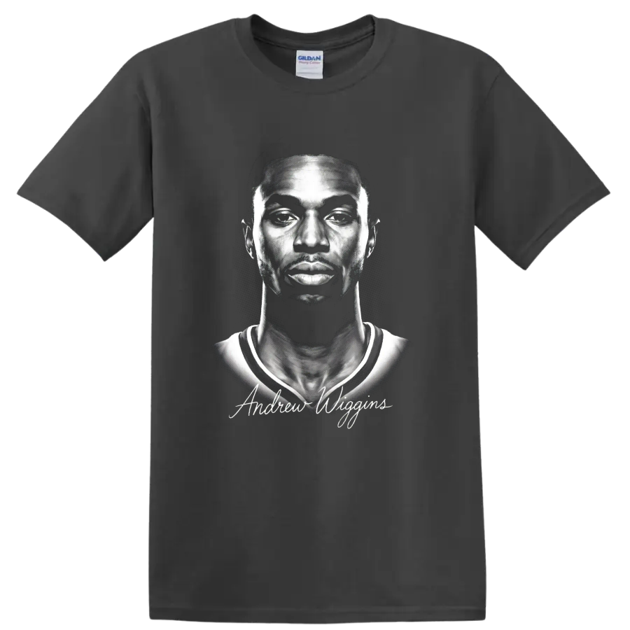 Andrew Wiggins monochrome basketball portrait with signature-style lettering on a Charcoal T Shirt