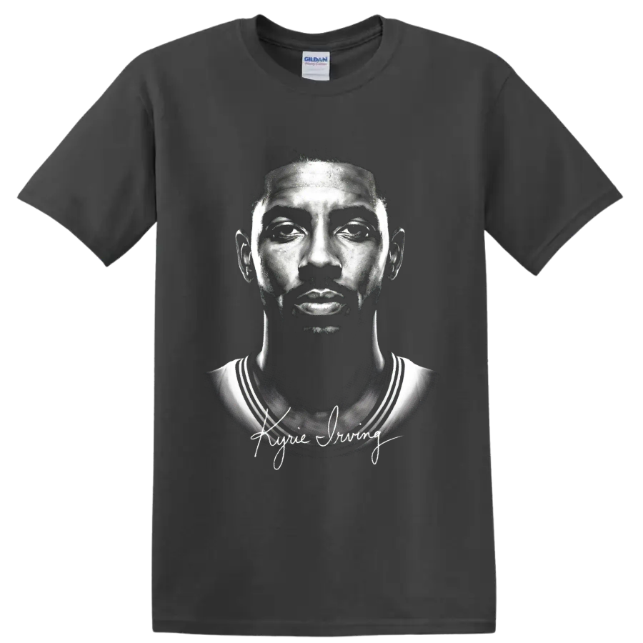 Kyrie Irving Cleveland Cavaliers #2 monochrome portrait with signature-style lettering on a Charcoal T Shirt