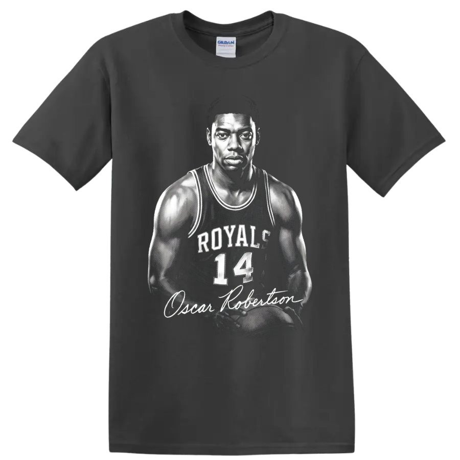 Oscar Robertson Cincinnati Royals No. 14 monochrome basketball portrait with signature on a Charcoal T Shirt