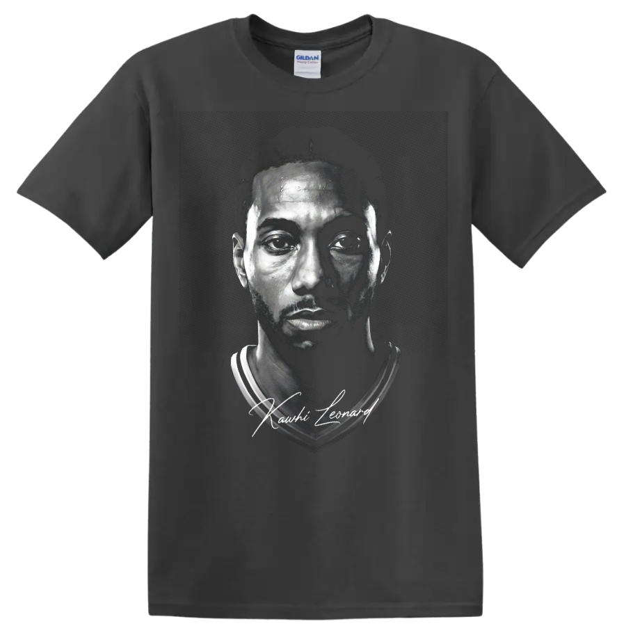 Kawhi Leonard black-and-white basketball portrait with signature-style lettering on a Charcoal T Shirt