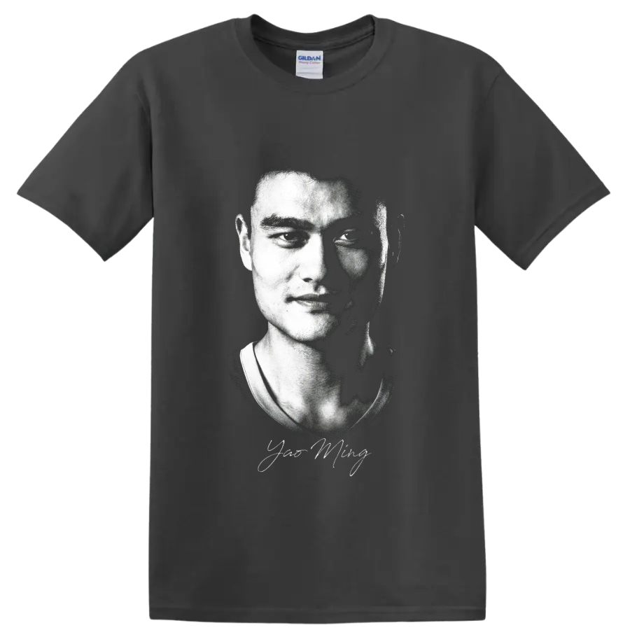 Yao Ming black-and-white halftone portrait with signature-style detail on a Charcoal T Shirt