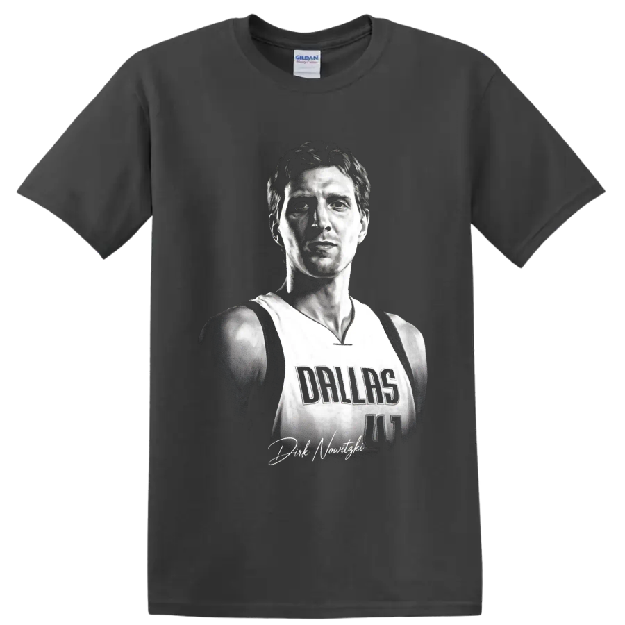 Black-and-white Dirk Nowitzki Dallas Mavericks number 41 portrait with signature detail on a Charcoal T Shirt