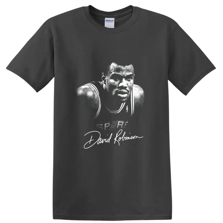 Gritty black-and-white David Robinson Spurs Number 50 basketball portrait with signature on a Charcoal T Shirt