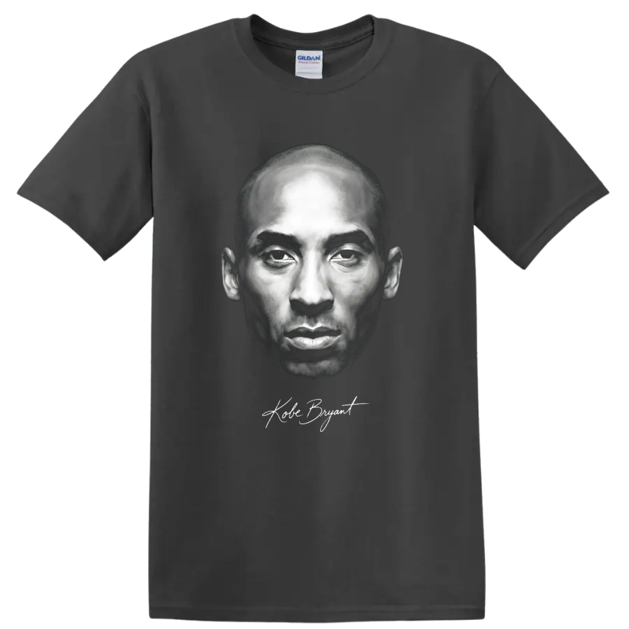 Kobe Bryant black-and-white portrait graphic with signature-style script on a Charcoal T Shirt
