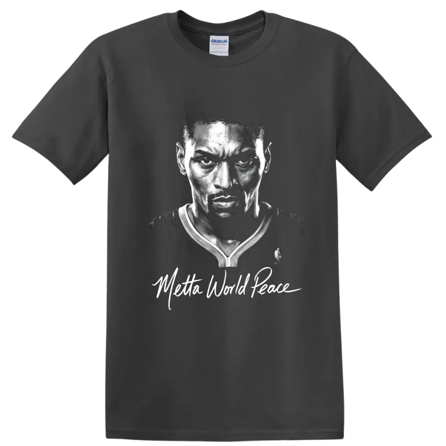 Metta World Peace monochrome basketball portrait with signature-style script on a Charcoal T Shirt