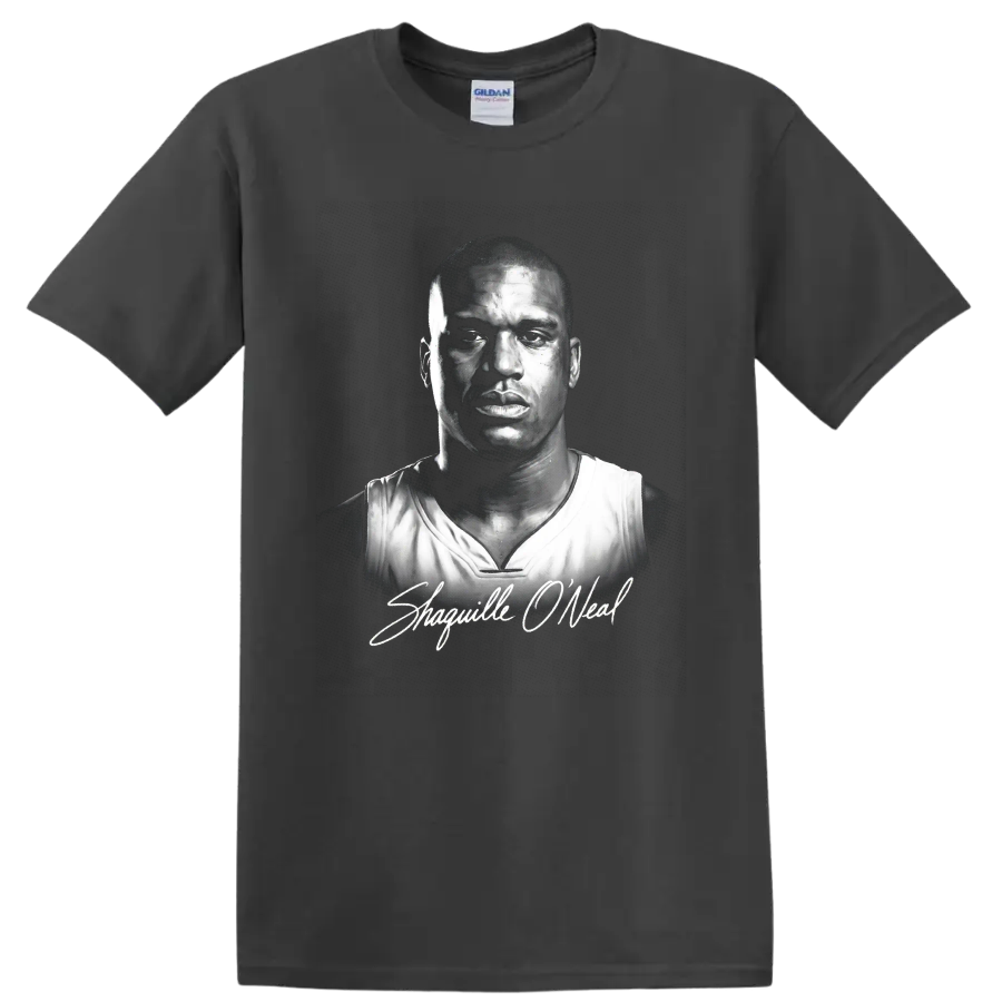 Monochrome Shaquille O'Neal basketball portrait with signature-style script on a Charcoal T Shirt