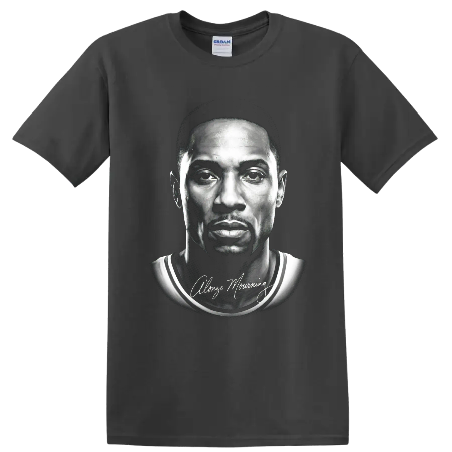 Monochrome Alonzo Mourning Miami Heat No. 33 basketball portrait with signature on a Charcoal T Shirt