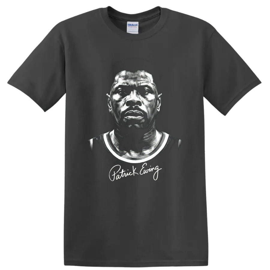 Monochrome Patrick Ewing basketball portrait with distressed vintage sports styling on a Charcoal T Shirt