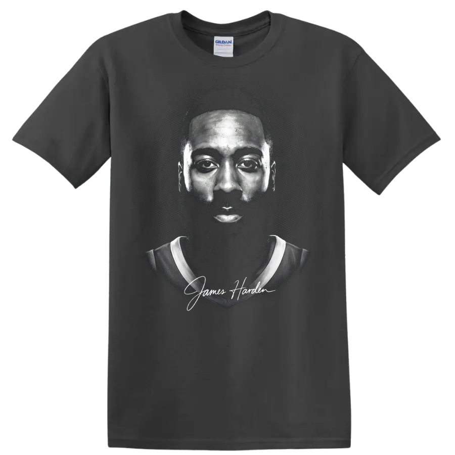 James Harden monochrome basketball portrait with script signature on a Charcoal T Shirt