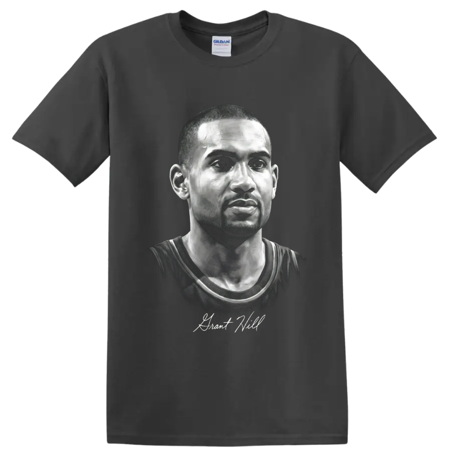 Grayscale Grant Hill basketball portrait with signature-style lettering on a Charcoal T Shirt