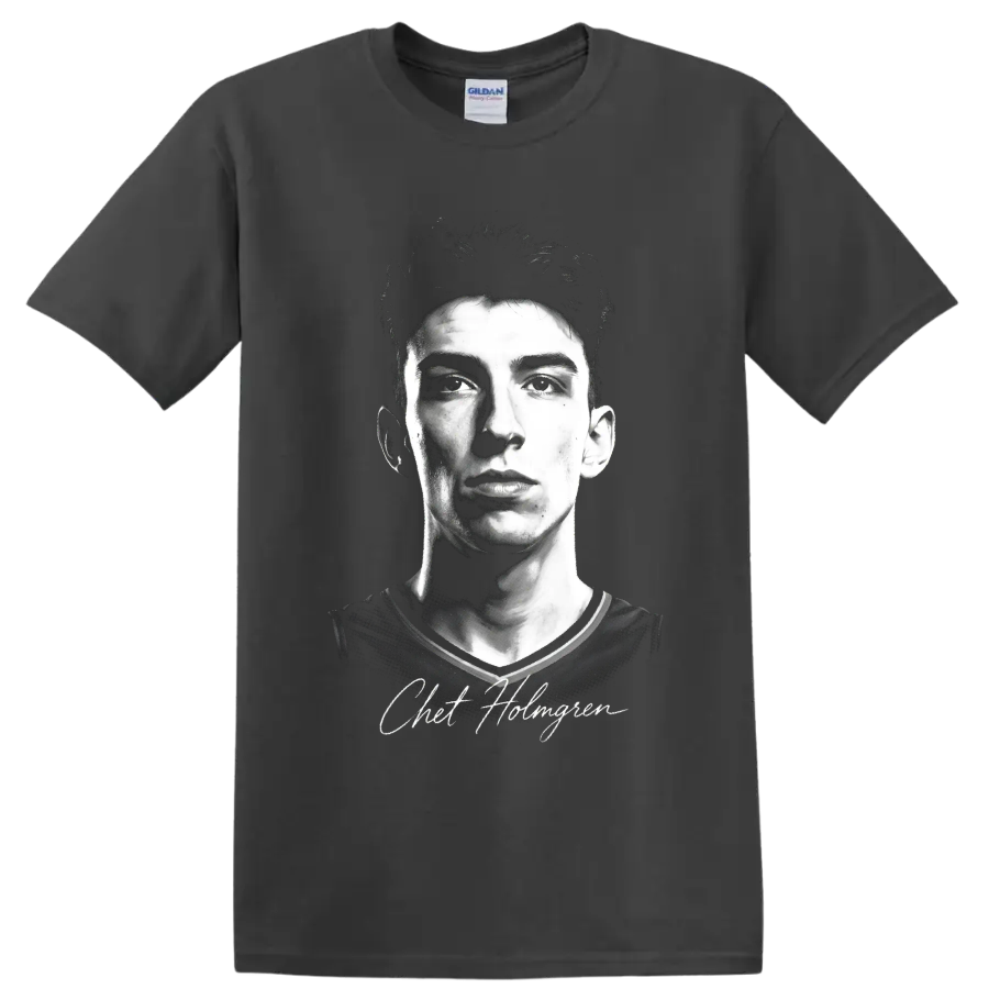 Chet Holmgren black-and-white basketball portrait with signature-style name text on a Charcoal T Shirt