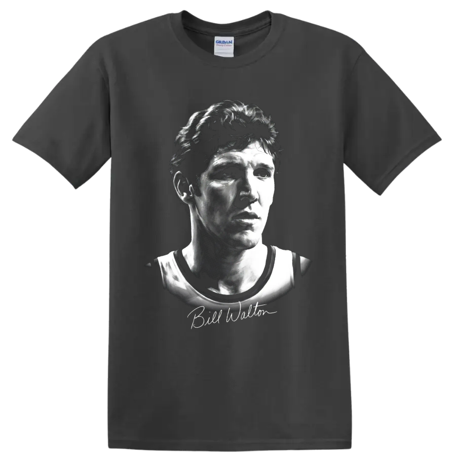 Black-and-white Bill Walton basketball portrait with signature-style script on a Charcoal T Shirt