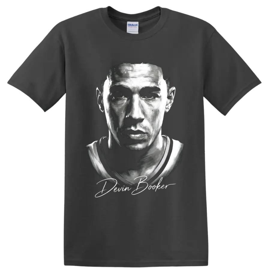 Monochrome Devin Booker basketball portrait with signature-style lettering on a Charcoal T Shirt