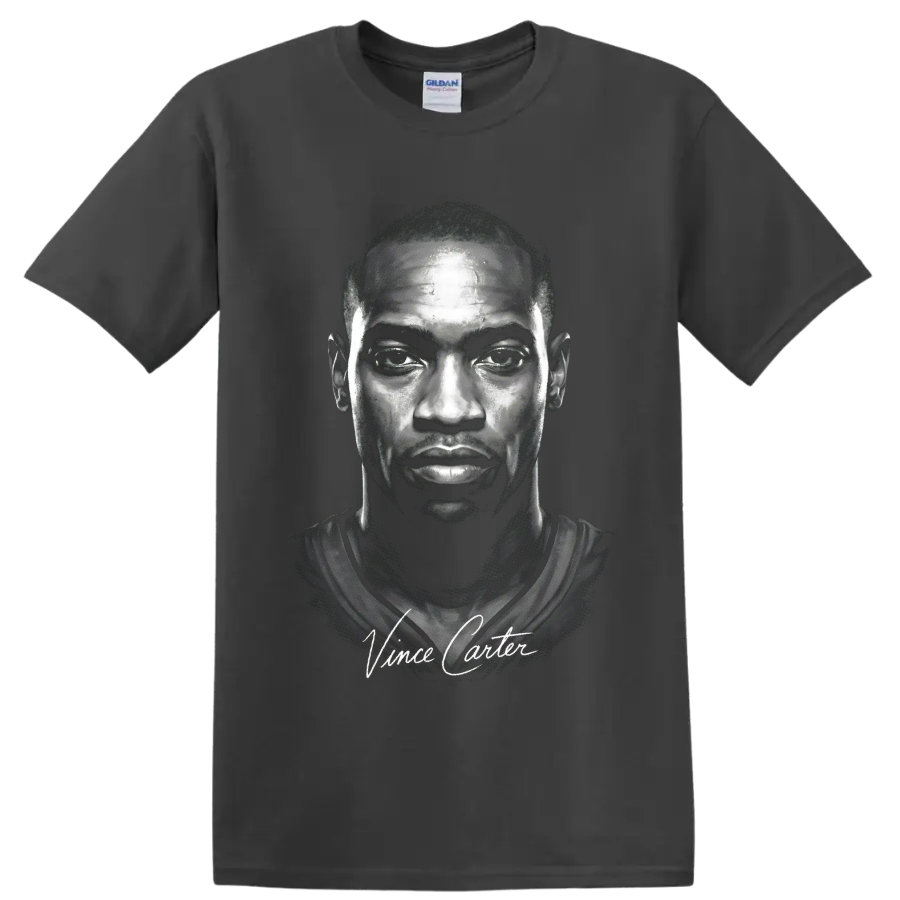 High-contrast Vince Carter portrait with signature-style lettering on a Charcoal T Shirt