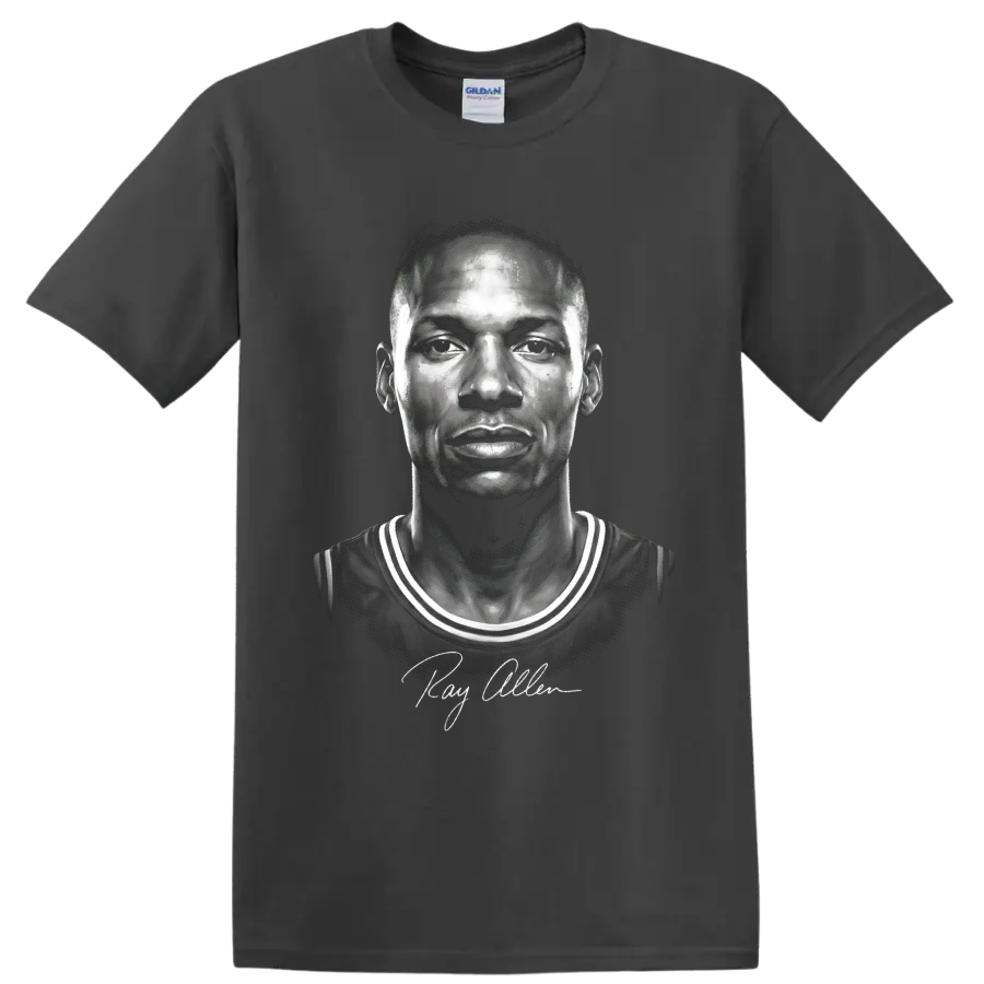 Monochrome Ray Allen Boston Celtics No. 20 basketball portrait with signature on a Charcoal T Shirt