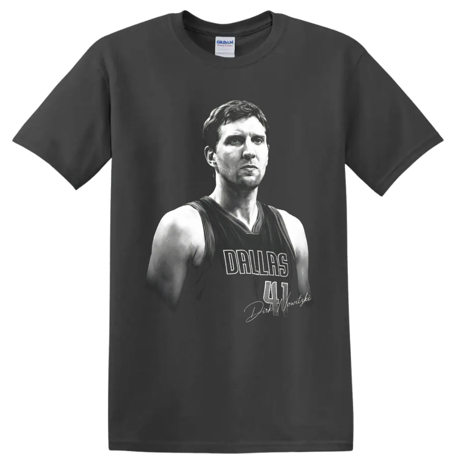Black-and-white Dirk Nowitzki Dallas Mavericks No. 41 portrait graphic on a Charcoal T Shirt