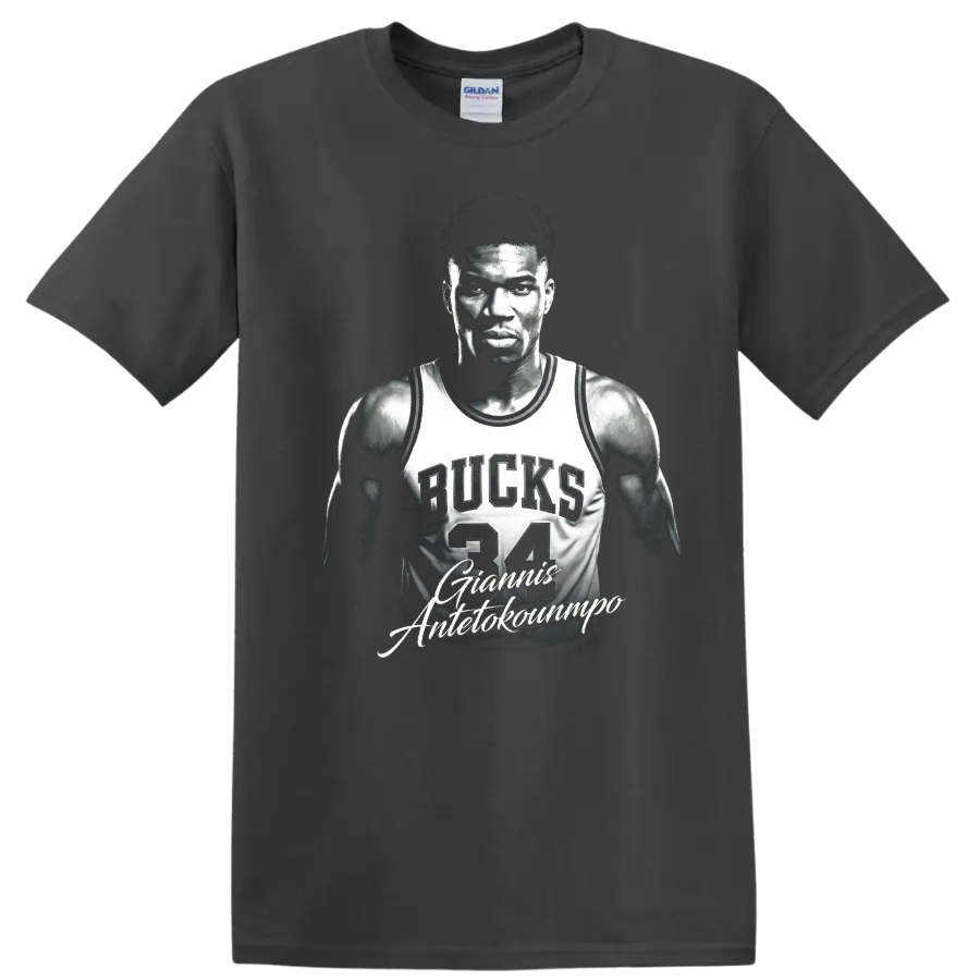 Giannis Antetokounmpo in Bucks number 34 jersey, monochrome portrait graphic on a Charcoal T Shirt
