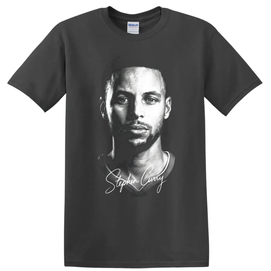 Stephen Curry black-and-white portrait with cursive signature on a Charcoal T Shirt