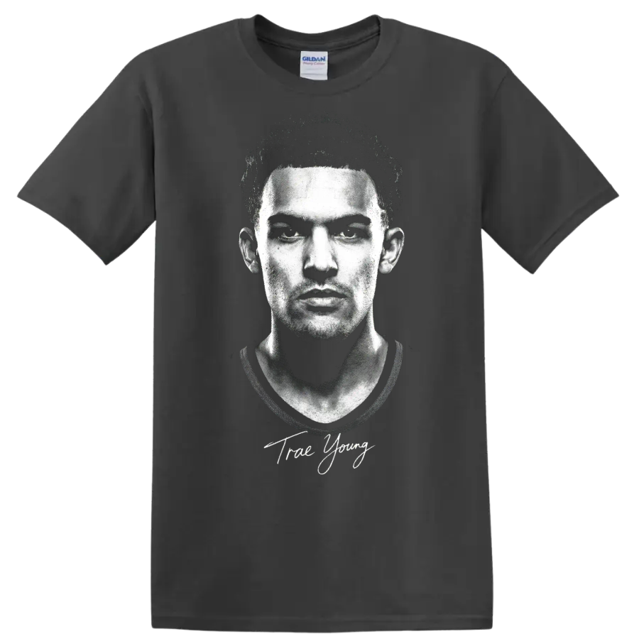 Trae Young black-and-white portrait with signature-style lettering on a Charcoal T Shirt