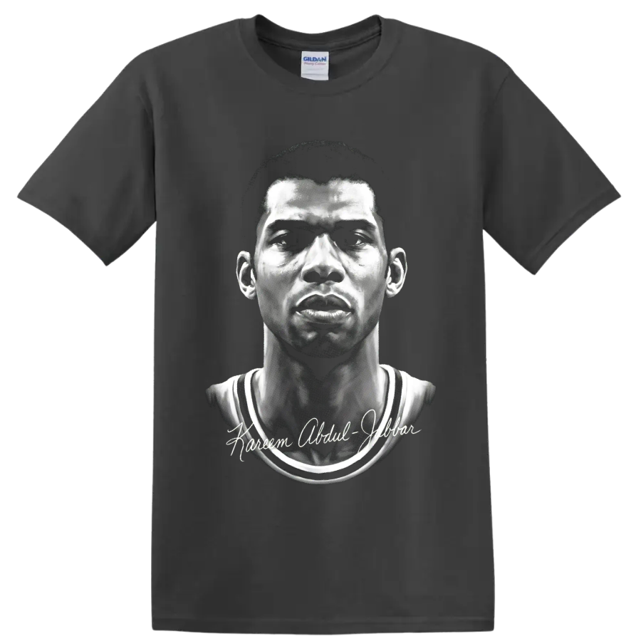 Kareem Abdul-Jabbar monochrome Lakers No. 33 portrait with signature-style lettering on a Charcoal T Shirt