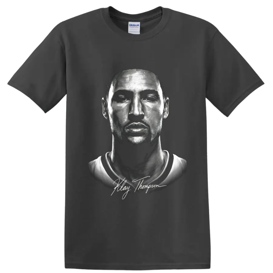 Klay Thompson monochrome basketball portrait with signature-style lettering on a Charcoal T Shirt