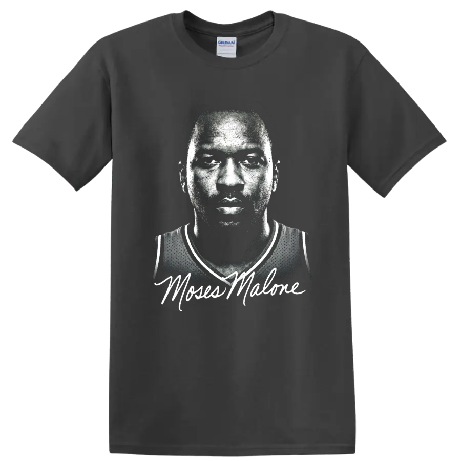 Moses Malone black-and-white halftone basketball portrait with signature-style script on a Charcoal T Shirt