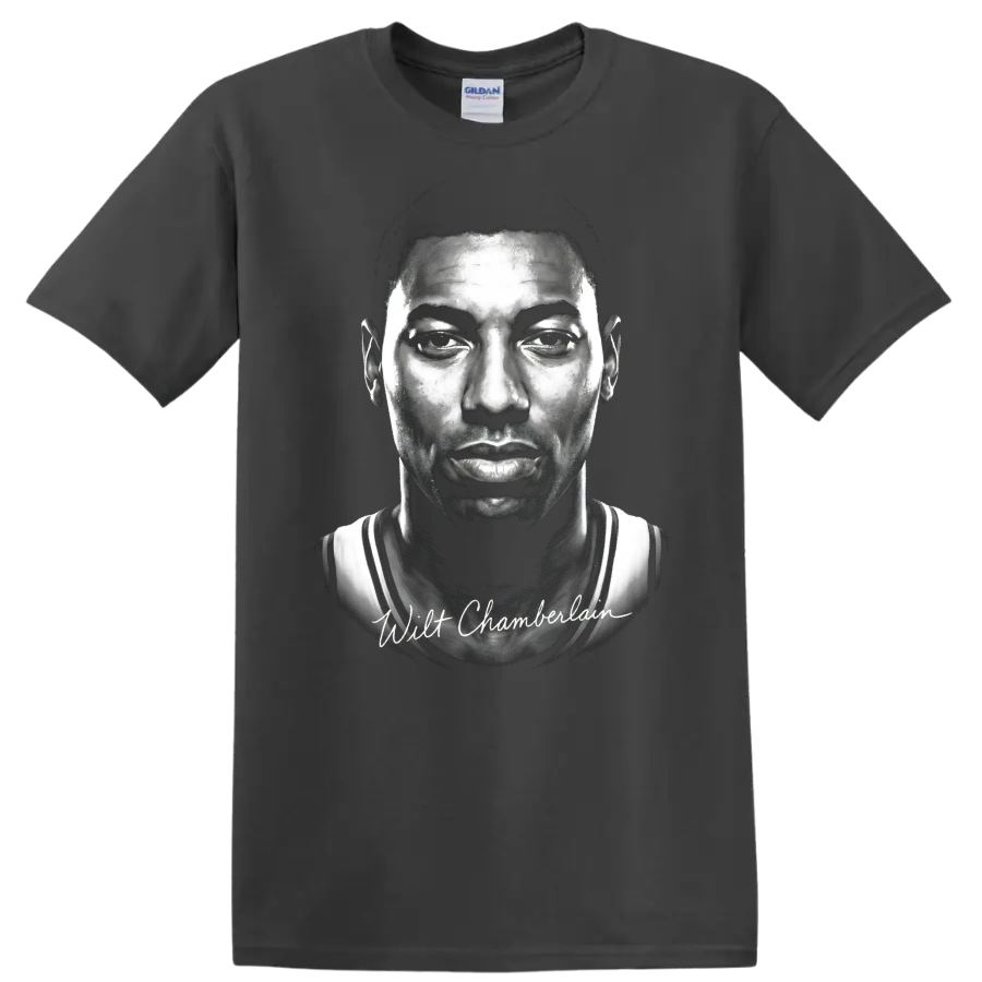Wilt Chamberlain black-and-white basketball portrait with signature-style text on a Charcoal T Shirt