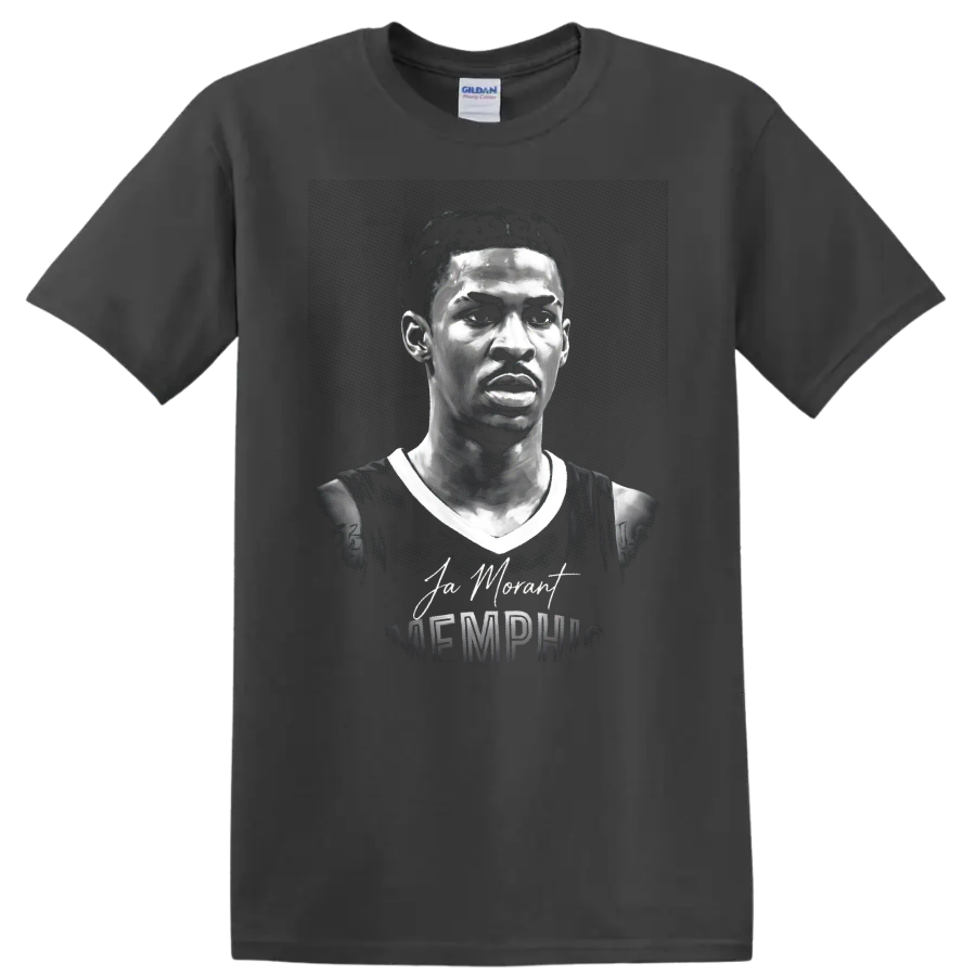 Ja Morant Memphis basketball portrait with signature and Memphis lettering on a Charcoal T Shirt