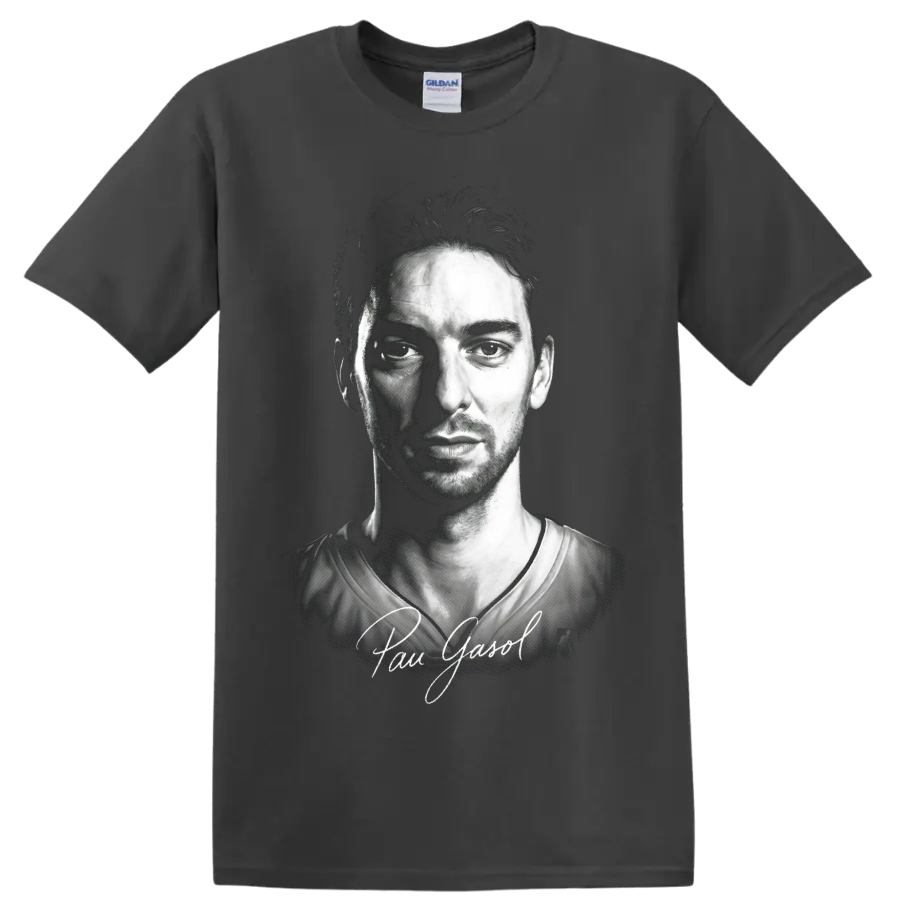 Black-and-white Pau Gasol basketball portrait with signature-style lettering on a Charcoal T Shirt