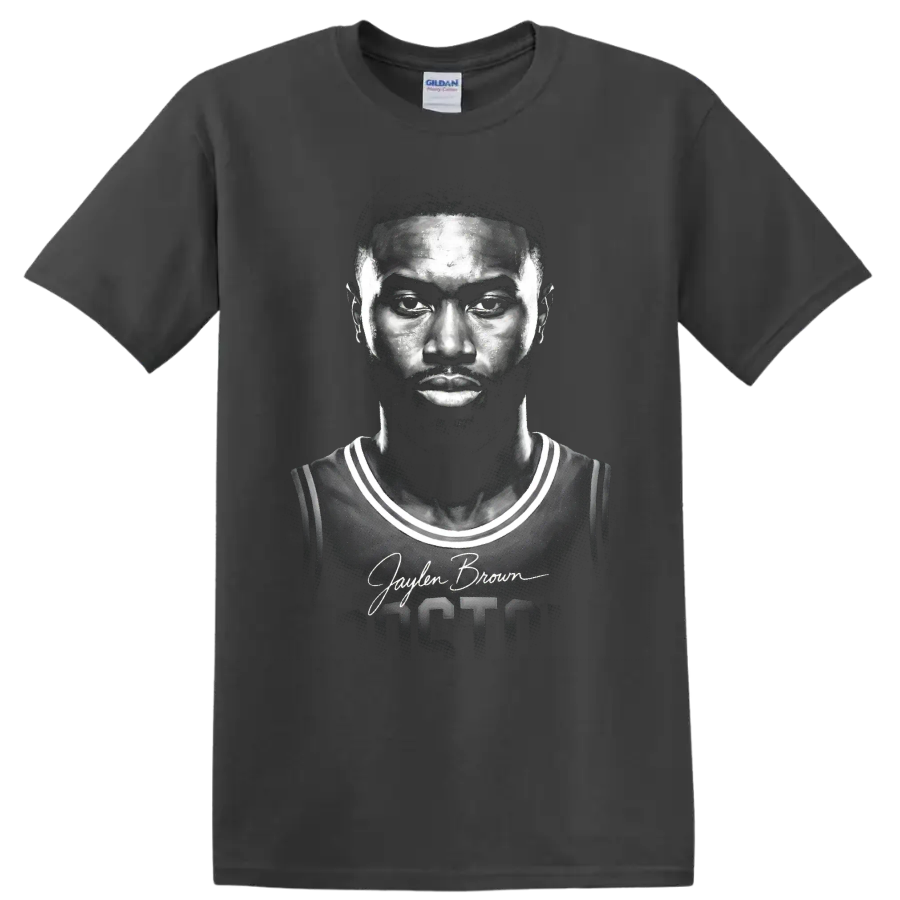 Jaylen Brown Boston Celtics number 7 monochrome basketball portrait with signature on a Charcoal T Shirt