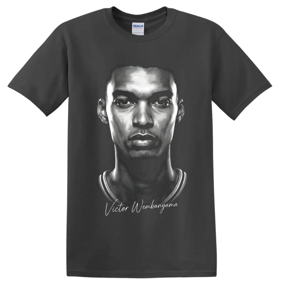Black-and-white Victor Wembanyama basketball portrait with signature-style lettering on a Charcoal T Shirt