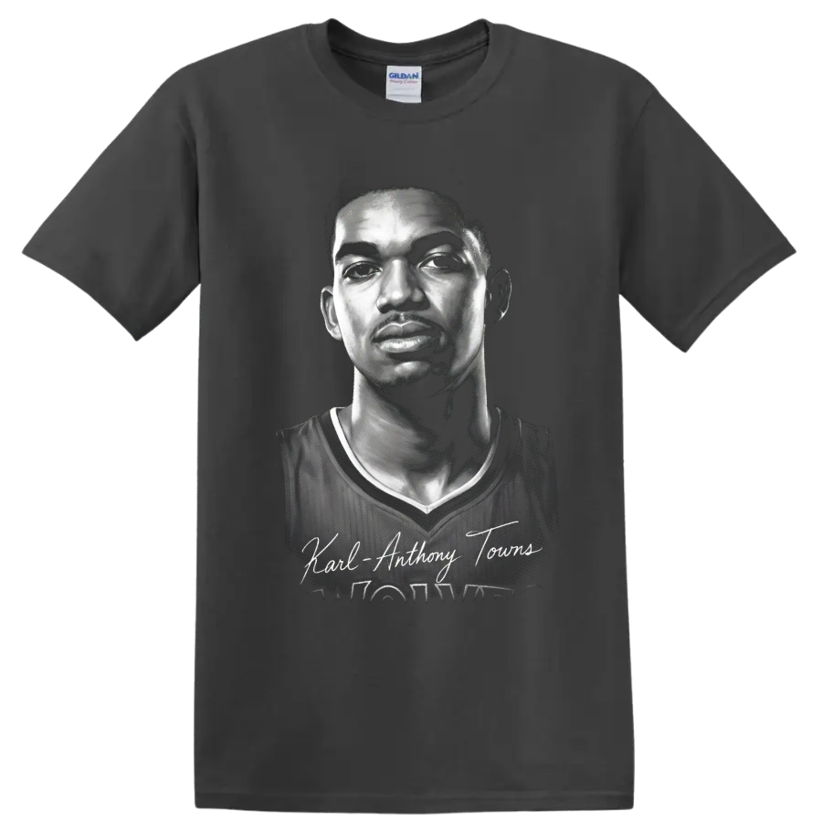 Black-and-white Karl-Anthony Towns basketball portrait with signature-style name text on a Charcoal T Shirt