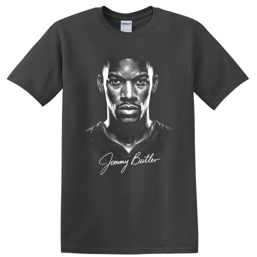 Grayscale Jimmy Butler basketball portrait illustration with cursive signature on a Charcoal T Shirt