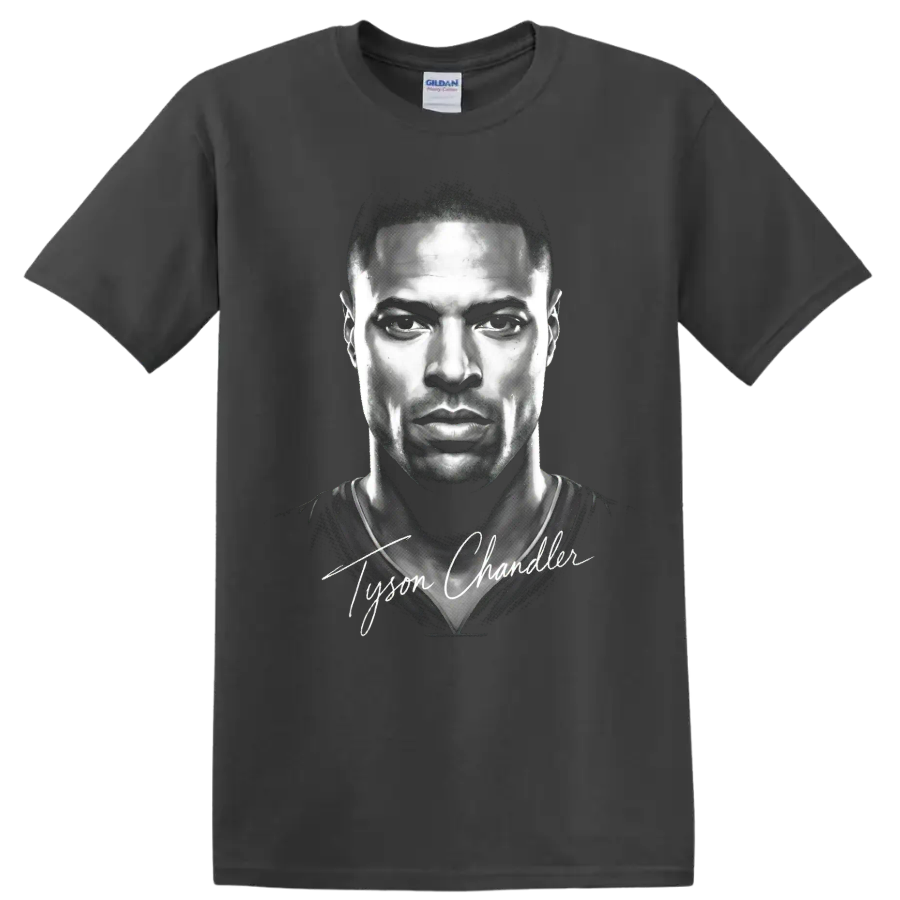 Grayscale Tyson Chandler basketball portrait with white signature script on a Charcoal T Shirt