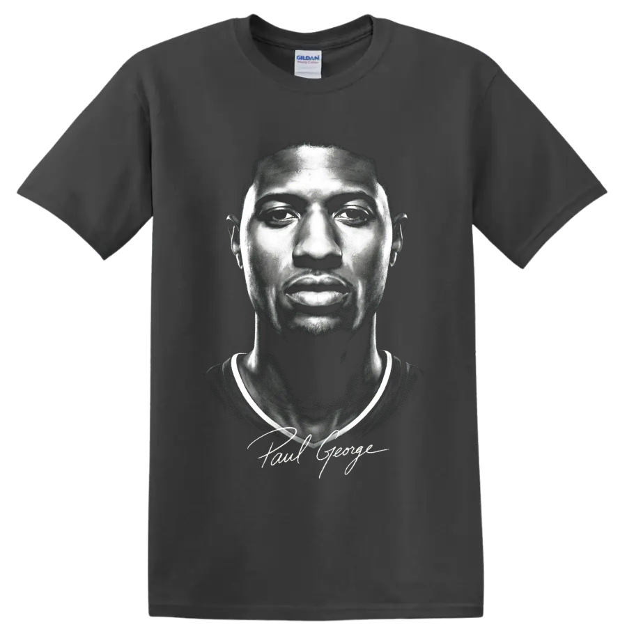 Black-and-white Paul George basketball portrait with signature-style script on a Charcoal T Shirt