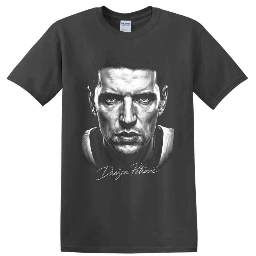 Dražen Petrović New Jersey Nets No. 3 black-and-white basketball portrait on a Charcoal T Shirt