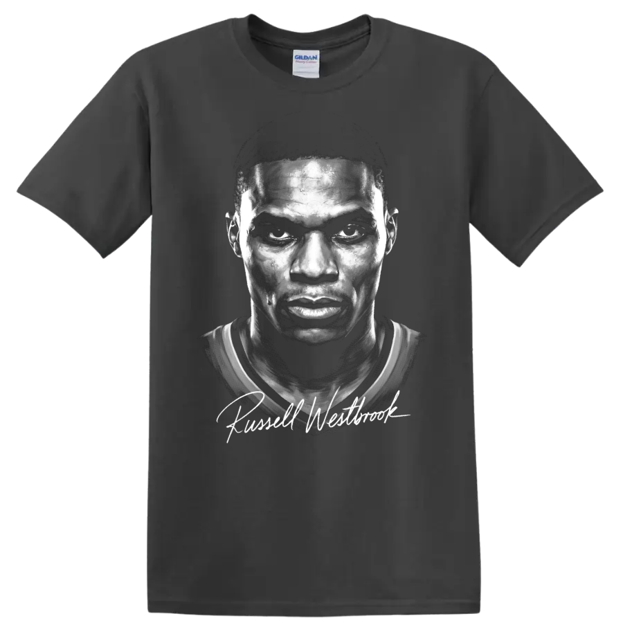 Russell Westbrook monochrome basketball portrait with signature-style lettering on a Charcoal T Shirt