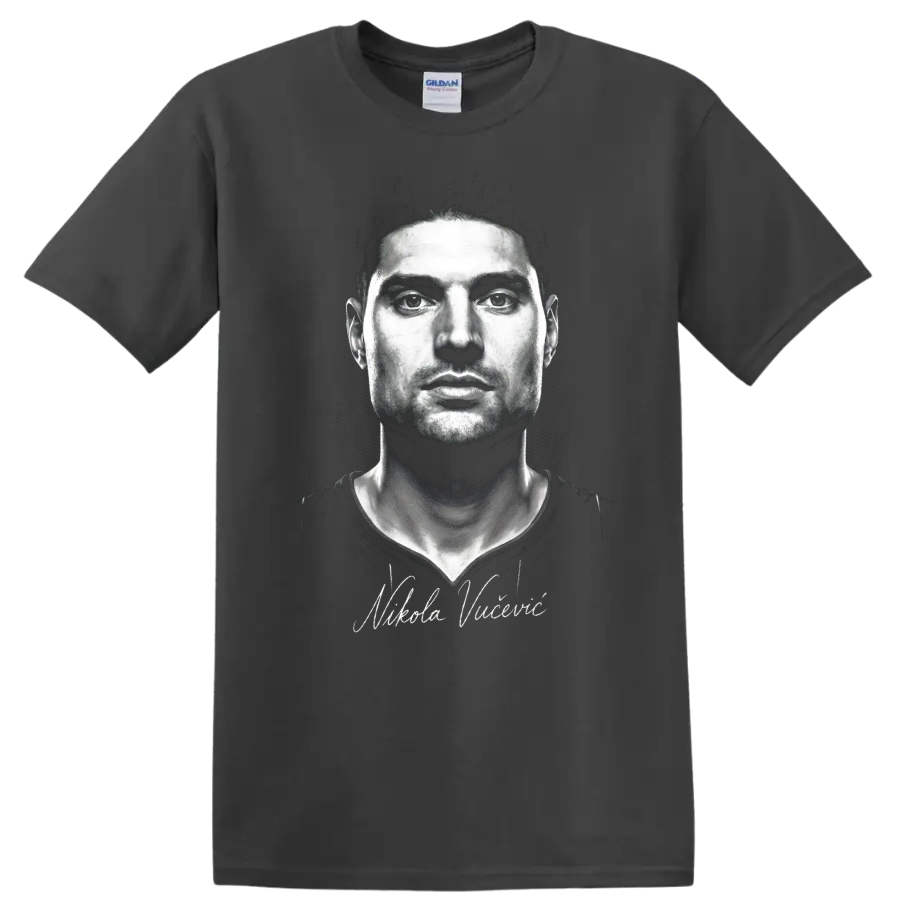 Nikola Vučević monochrome basketball portrait with cursive signature on a Charcoal T Shirt