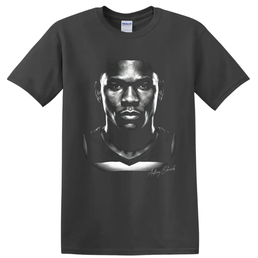 Monochrome Anthony Edwards Minnesota Timberwolves No. 5 portrait illustration on a Charcoal T Shirt