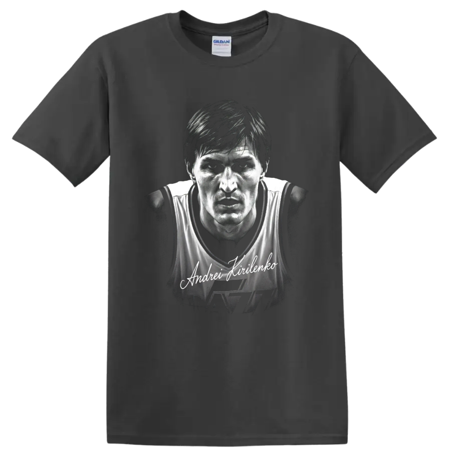 Andrei Kirilenko Utah Jazz No. 47 monochrome basketball portrait with signature on a Charcoal T Shirt